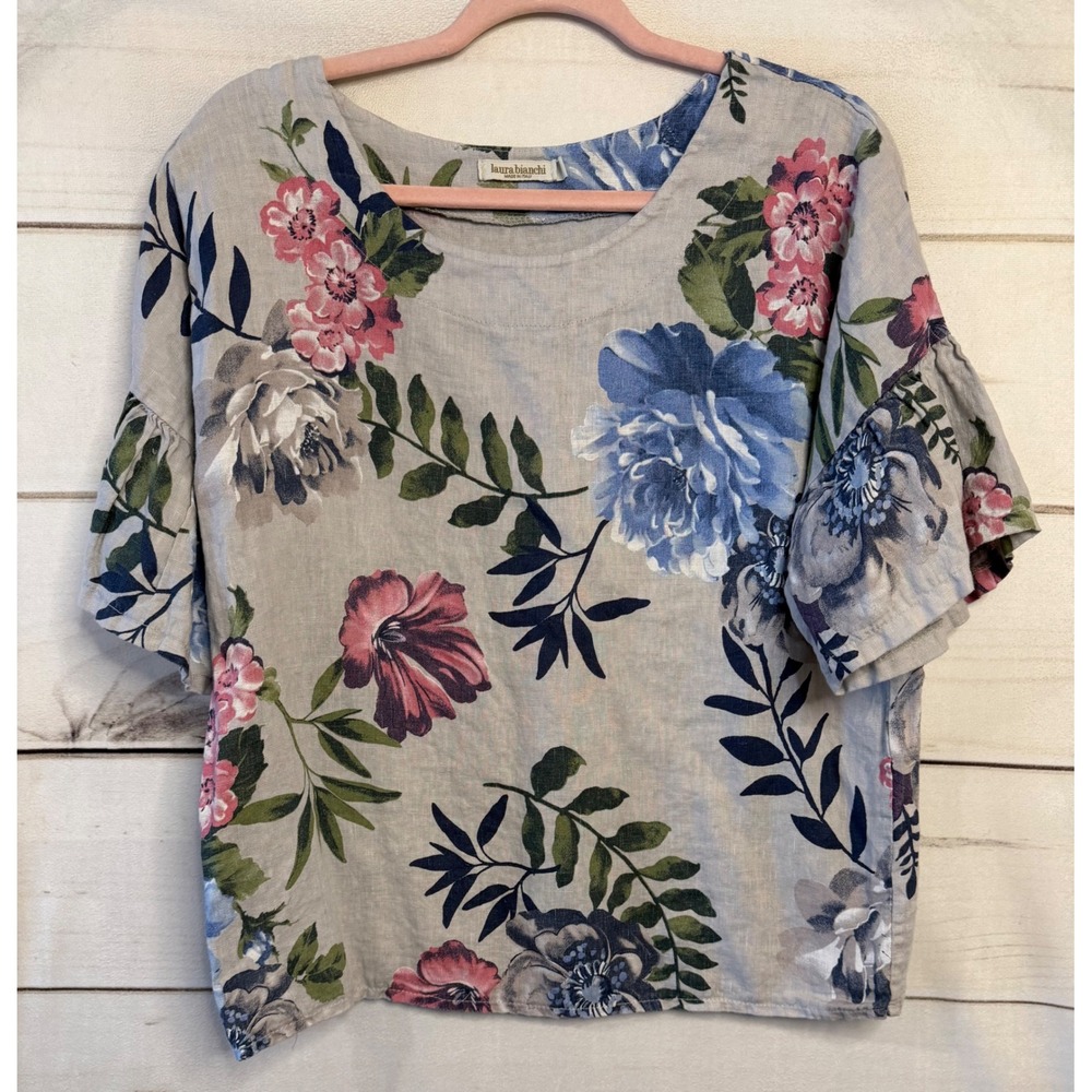 Laura‎ Bianchi Italy 100% Linen Floral Blouse Ruffle Sleeve Top Gray Blue Small